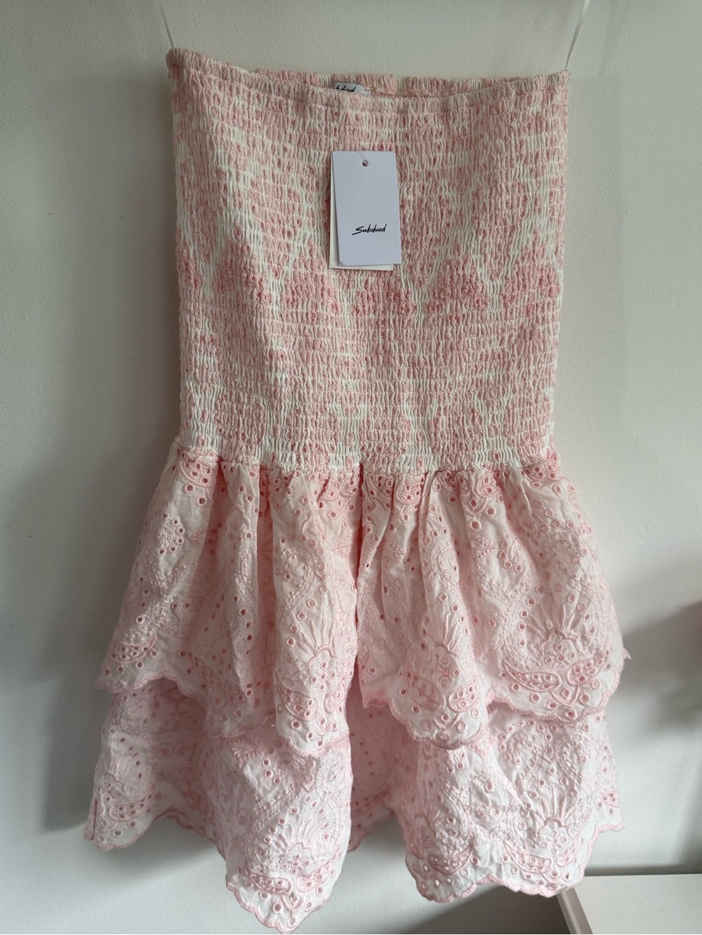 Subdued Eyelet Ruffle Strapless Dress - Light Pink